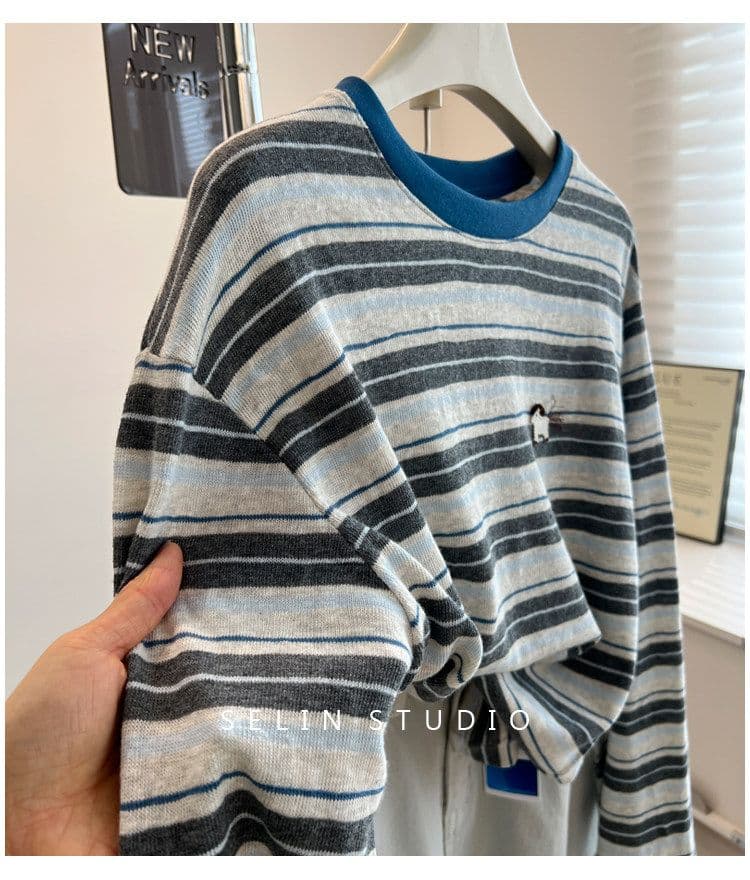 원본 원단 특별 빅 사이즈 300 근 한국 스타일 세련된 chic 스트라이프 작은 말 자수 긴팔 티셔츠 여성 상세 이미지 6