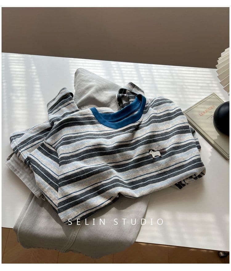 원본 원단 특별 빅 사이즈 300 근 한국 스타일 세련된 chic 스트라이프 작은 말 자수 긴팔 티셔츠 여성 상세 이미지 10