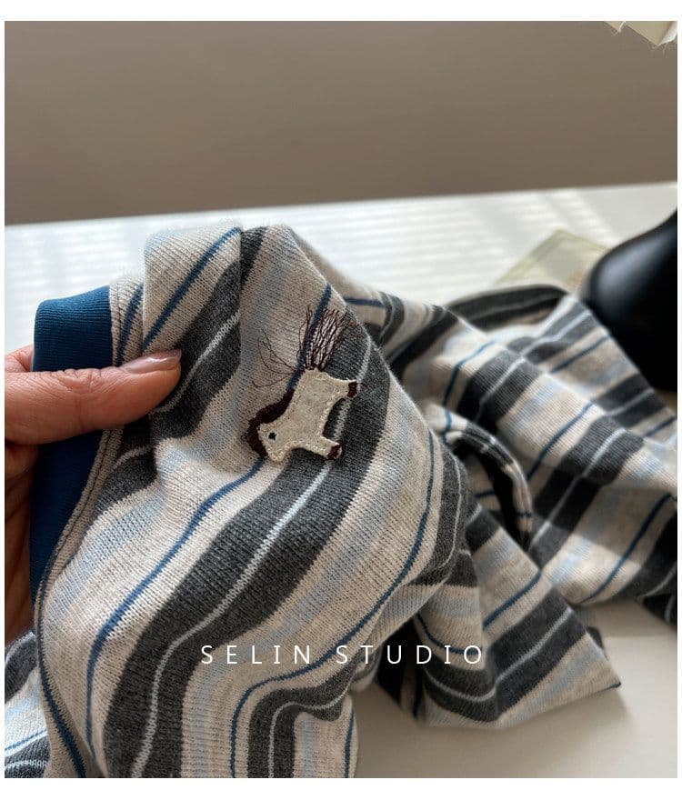 원본 원단 특별 빅 사이즈 300 근 한국 스타일 세련된 chic 스트라이프 작은 말 자수 긴팔 티셔츠 여성 상세 이미지 16