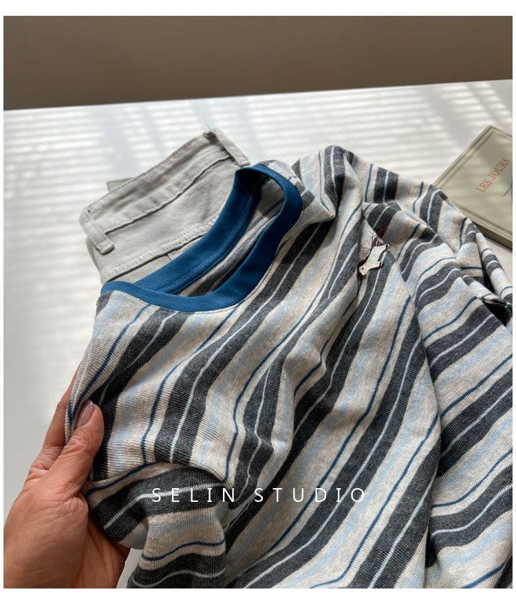 원본 원단 특별 빅 사이즈 300 근 한국 스타일 세련된 chic 스트라이프 작은 말 자수 긴팔 티셔츠 여성 상세 이미지 21