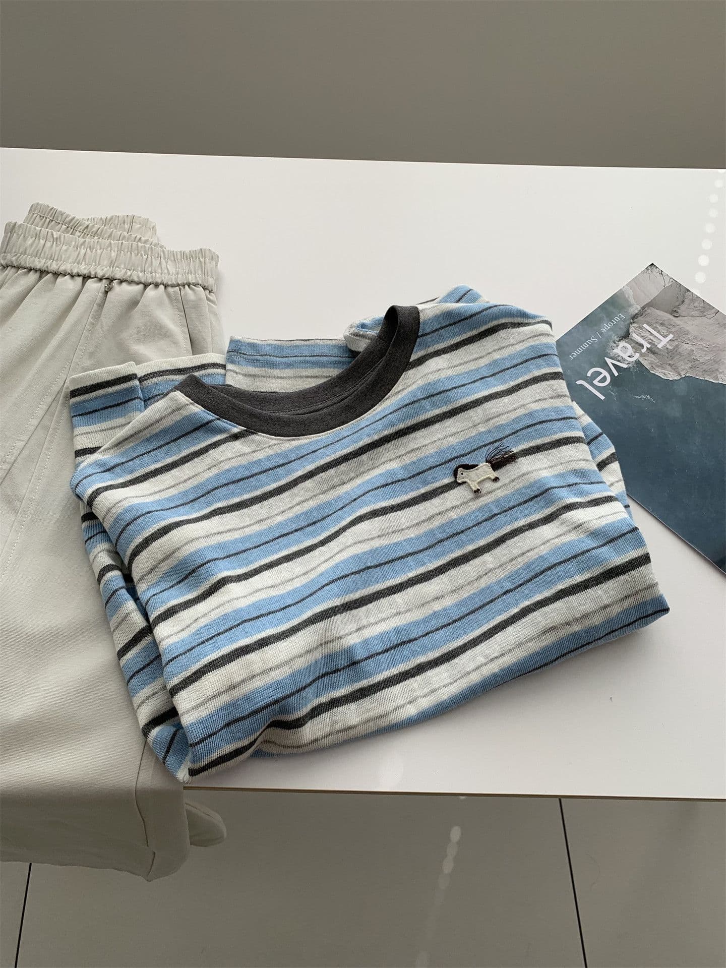 원본 원단 특별 빅 사이즈 300 근 한국 스타일 세련된 chic 스트라이프 작은 말 자수 긴팔 티셔츠 여성 상세 이미지 25