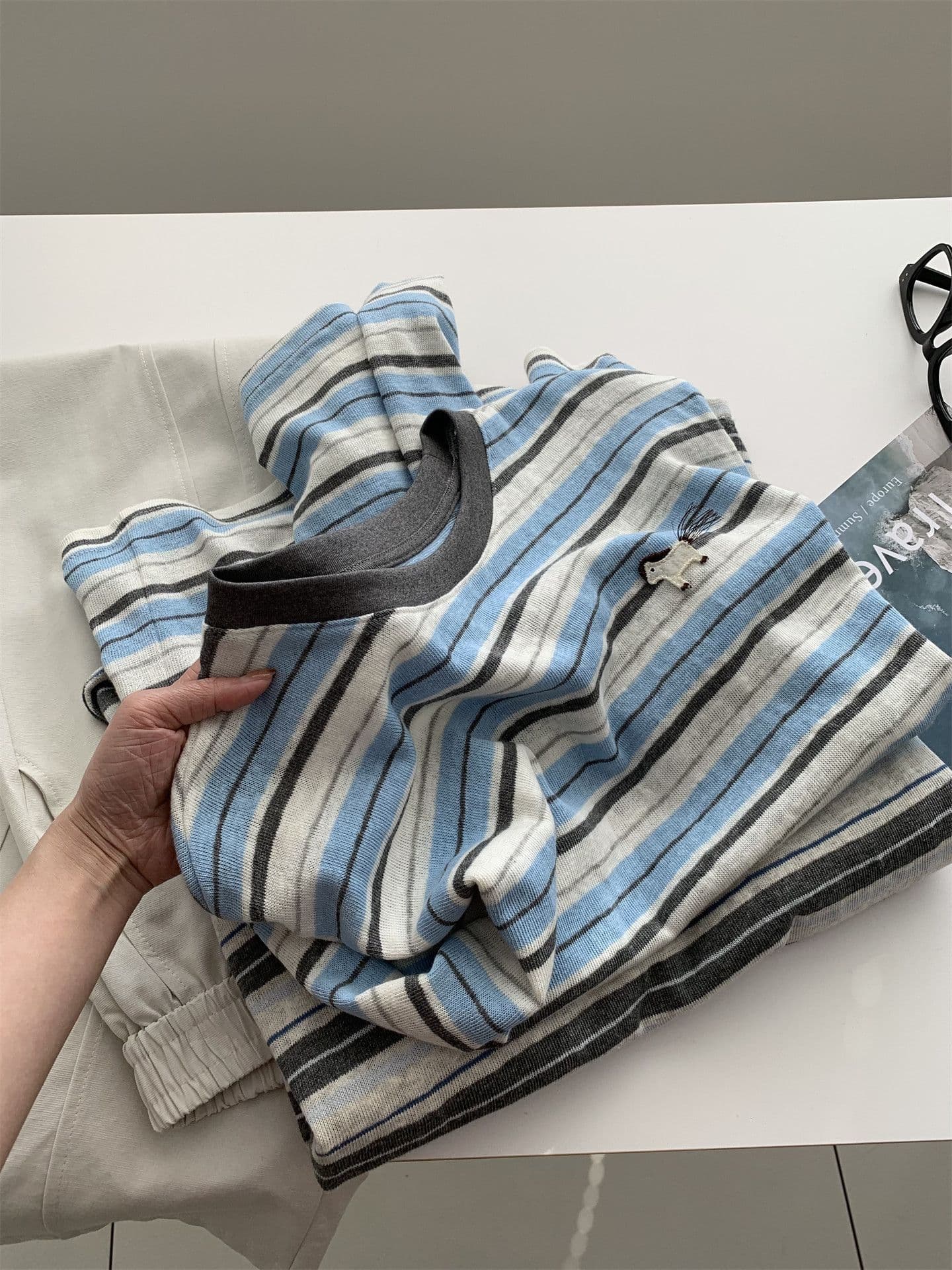 원본 원단 특별 빅 사이즈 300 근 한국 스타일 세련된 chic 스트라이프 작은 말 자수 긴팔 티셔츠 여성 상세 이미지 26