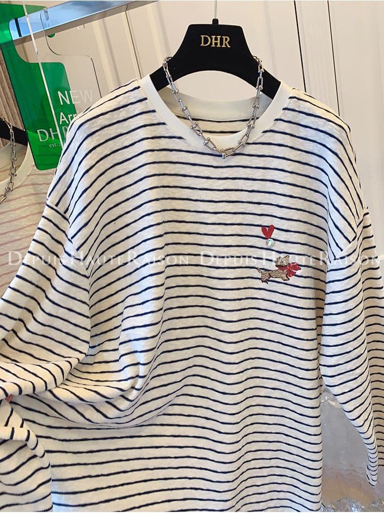 광저우 원본 원단 특별 빅 사이즈 300 근 자수 하트 강아지 스트라이프 긴팔 티셔츠 맨위 여성 상세 이미지 7