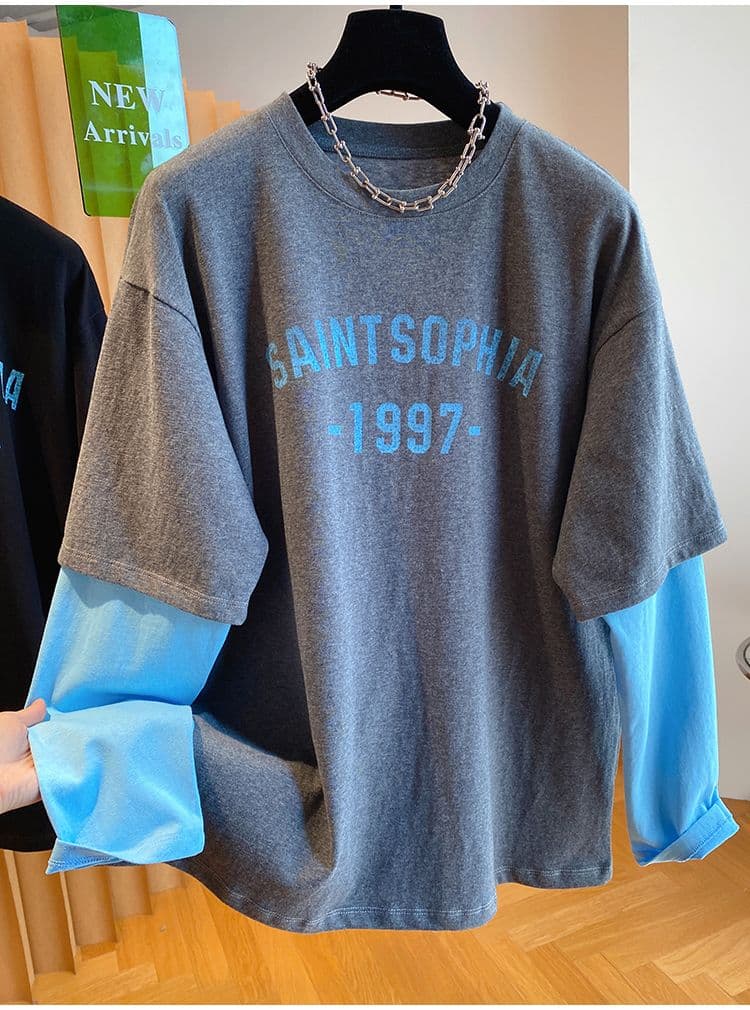 순면 특별 빅 사이즈 300 근 배색 패치워크 페이크 레이어드 티셔츠 여성 긴 소매 2026 가을 새로운 상세 이미지 5