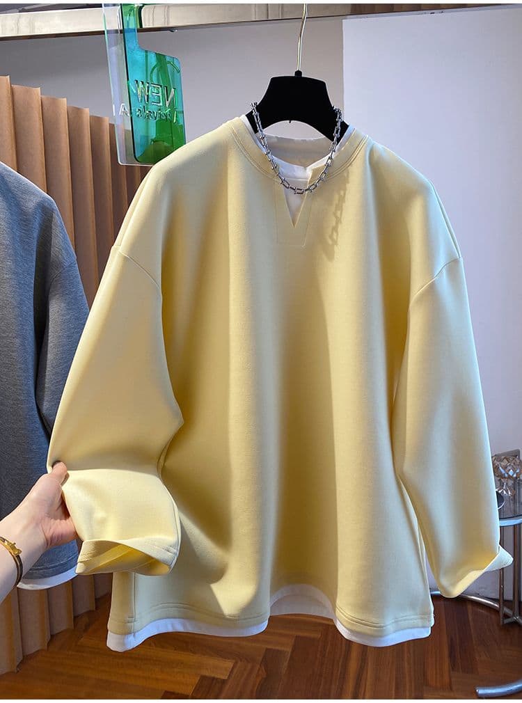 후아 면 복잡한 우유 실크 이후 패키지 칼라 특별 빅 사이즈 300 근 V넥 페이크 레이어드 후드티 여성 가을 새로운 상세 이미지 2