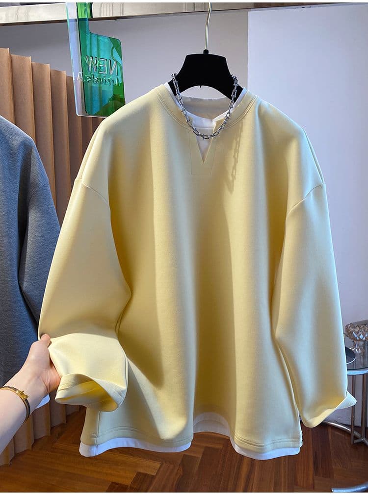 후아 면 복잡한 우유 실크 이후 패키지 칼라 특별 빅 사이즈 300 근 V넥 페이크 레이어드 후드티 여성 가을 새로운 상세 이미지 6