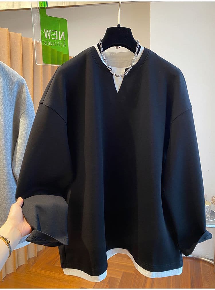 후아 면 복잡한 우유 실크 이후 패키지 칼라 특별 빅 사이즈 300 근 V넥 페이크 레이어드 후드티 여성 가을 새로운 상세 이미지 12