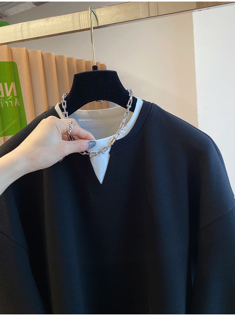 후아 면 복잡한 우유 실크 이후 패키지 칼라 특별 빅 사이즈 300 근 V넥 페이크 레이어드 후드티 여성 가을 새로운 상세 이미지 17