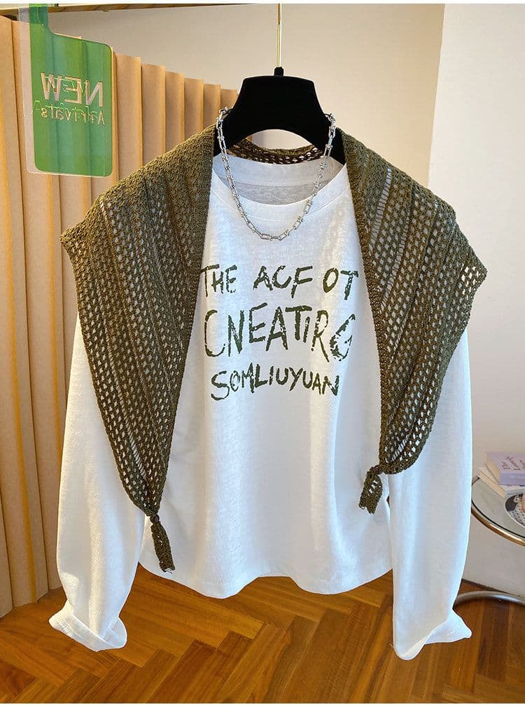 눈꽃 면 특별 빅 사이즈 300 근 티셔츠 여성 긴 소매 2026 이른 가을 루즈핏 숄 투피스 세트 맨위 상세 이미지 1