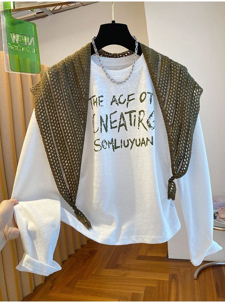 눈꽃 면 특별 빅 사이즈 300 근 티셔츠 여성 긴 소매 2026 이른 가을 루즈핏 숄 투피스 세트 맨위 상세 이미지 6