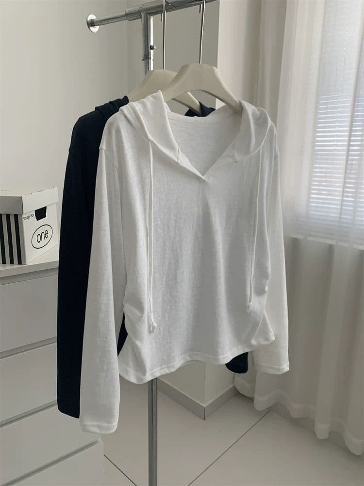 21 순면 한 부서 다용도 단색 까마귀 여성 디자인 센스 핀치 Pleat V넥 긴팔 티셔츠 가을