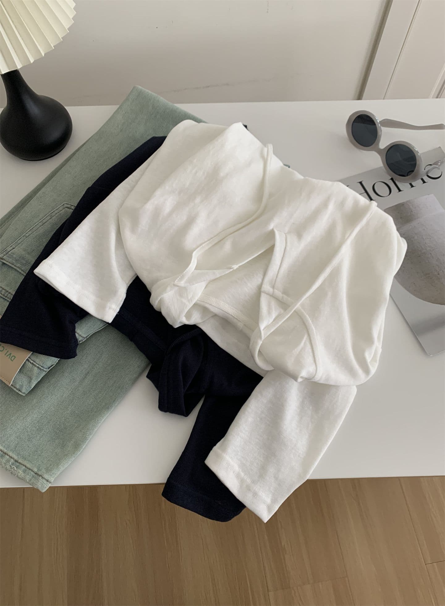 21 순면 한 부서 다용도 단색 까마귀 여성 디자인 센스 핀치 Pleat V넥 긴팔 티셔츠 가을 상세 이미지 12