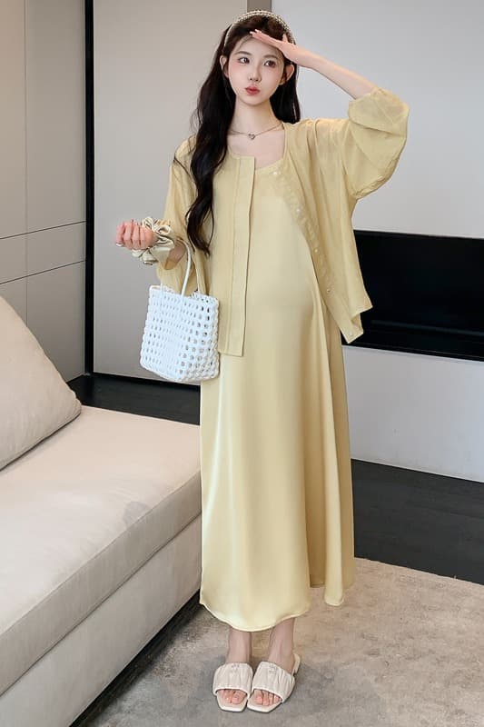 실사 2026 봄 여름 아세트산 새틴 감기 슬립 드레스 자외선 차단 셔츠 임산부 세트 슬림해 보이는 루즈핏 이미지 6