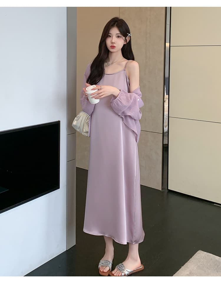 실사 2026 봄 여름 아세트산 새틴 감기 슬립 드레스 자외선 차단 셔츠 임산부 세트 슬림해 보이는 루즈핏 상세 이미지 18