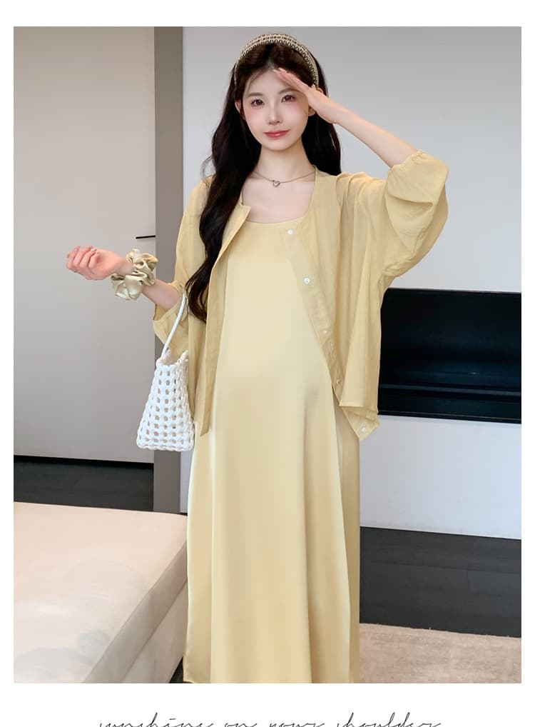 실사 2026 봄 여름 아세트산 새틴 감기 슬립 드레스 자외선 차단 셔츠 임산부 세트 슬림해 보이는 루즈핏 상세 이미지 35