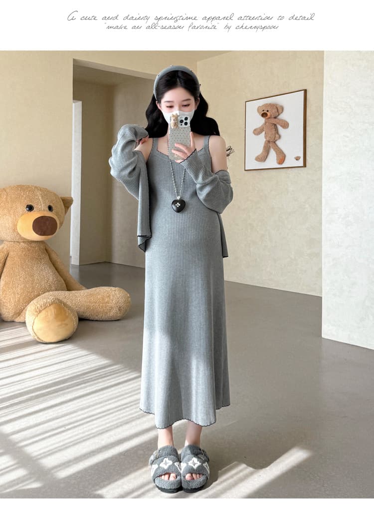 실사 2026 가을 새로운 임산부 작은 샤넬 스타일 니트 오픈 가디건 슬립 드레스 디자인 센스 품격 한국 스타일 투피스 세트 상세 이미지 27