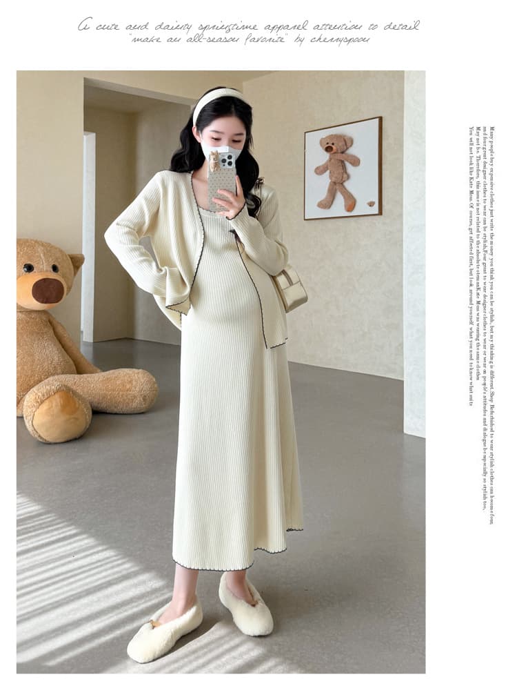 실사 2026 가을 새로운 임산부 작은 샤넬 스타일 니트 오픈 가디건 슬립 드레스 디자인 센스 품격 한국 스타일 투피스 세트 상세 이미지 36