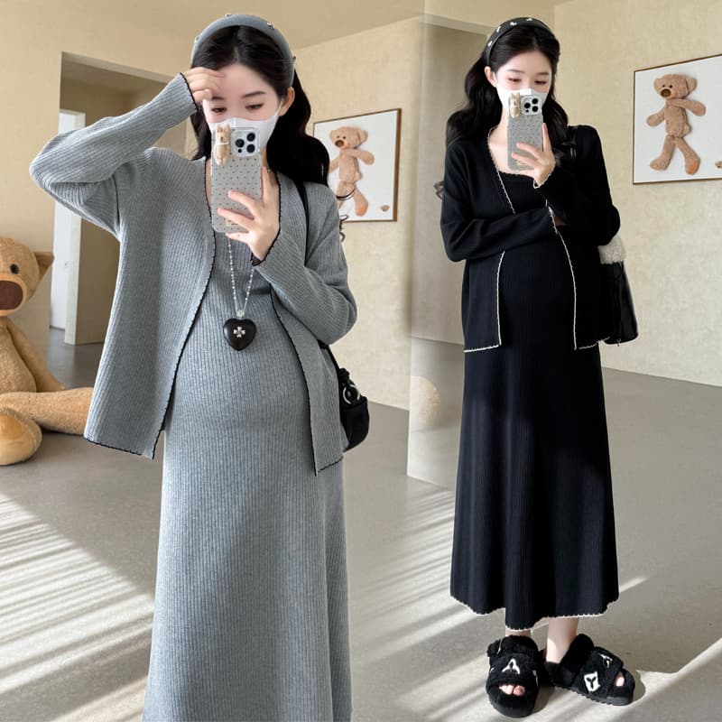 실사 2026 가을 새로운 임산부 작은 샤넬 스타일 니트 오픈 가디건 슬립 드레스 디자인 센스 품격 한국 스타일 투피스 세트 이미지 4