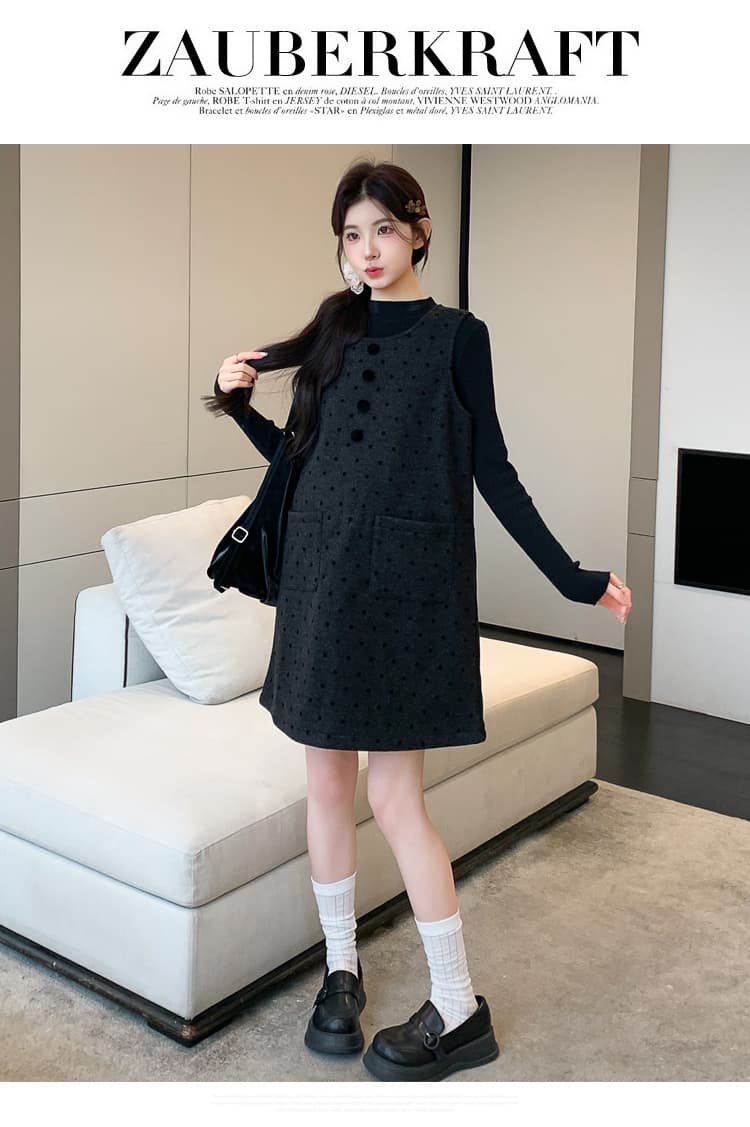 실사 2026 가을 겨울 새로운 임산부 반하이넥 니트 기본 셔츠 도트 무늬 자수 멜빵 스커트 한 부서 루즈핏 상세 이미지 27