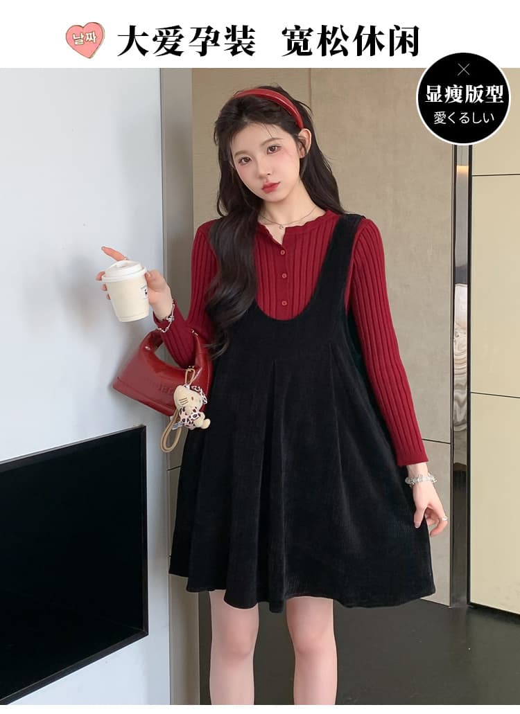 실사 2026 가을 겨울철 새로운 임산부 프랑스식 구덩이 기사 열기 버클 기본 셔츠 벨벳 슬립 조끼 스커트 상세 이미지 2