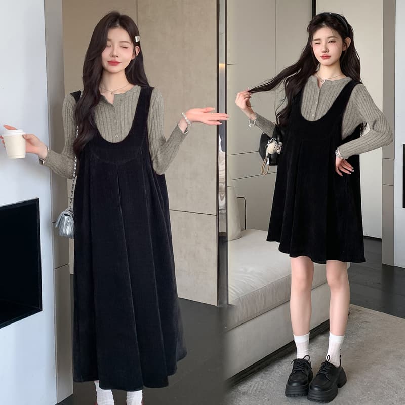 실사 2026 가을 겨울철 새로운 임산부 프랑스식 구덩이 기사 열기 버클 기본 셔츠 벨벳 슬립 조끼 스커트 이미지 3
