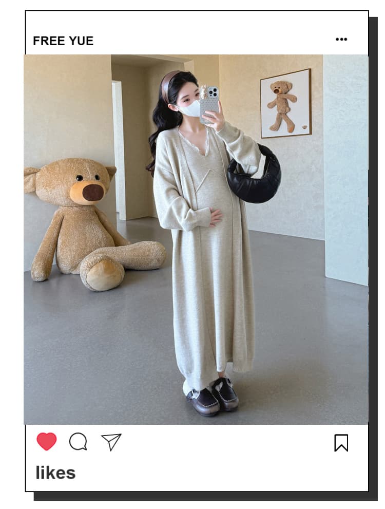 2026 임산부 가을 겨울 고급 느긋한 다용도 재킷 롱 코트 레이스 조각 V넥 조끼 스커트 투피스 세트 상세 이미지 1