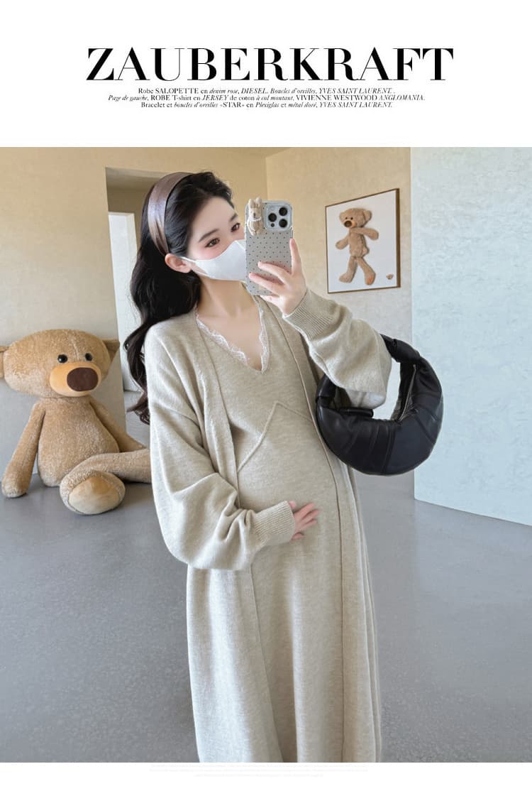 2026 임산부 가을 겨울 고급 느긋한 다용도 재킷 롱 코트 레이스 조각 V넥 조끼 스커트 투피스 세트 상세 이미지 17