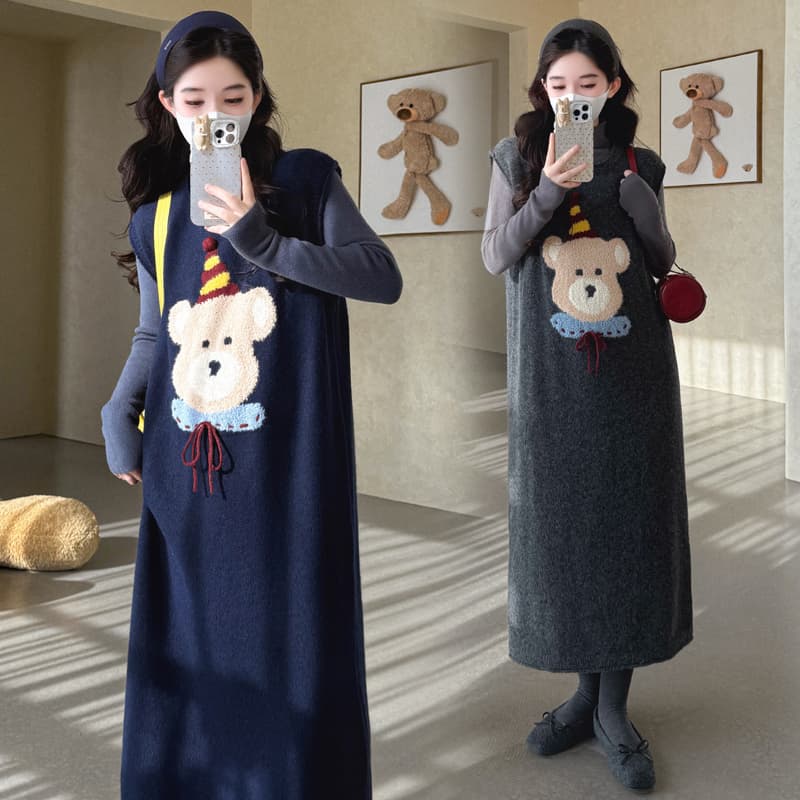 실사 2026 가을 겨울 새로운 임산부 한국 스타일 자수 만화 작은 곰 스웨터 조끼 스커트 만나는 세트 이미지 3