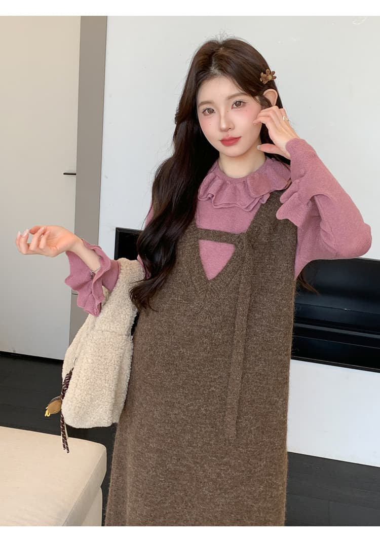 실사 2026 가을 겨울 새로운 임산부 한국 스타일 스웨터 조끼 스커트 레이스 만나는 세트 상세 이미지 9