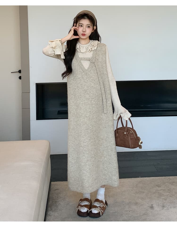 실사 2026 가을 겨울 새로운 임산부 한국 스타일 스웨터 조끼 스커트 레이스 만나는 세트 상세 이미지 24