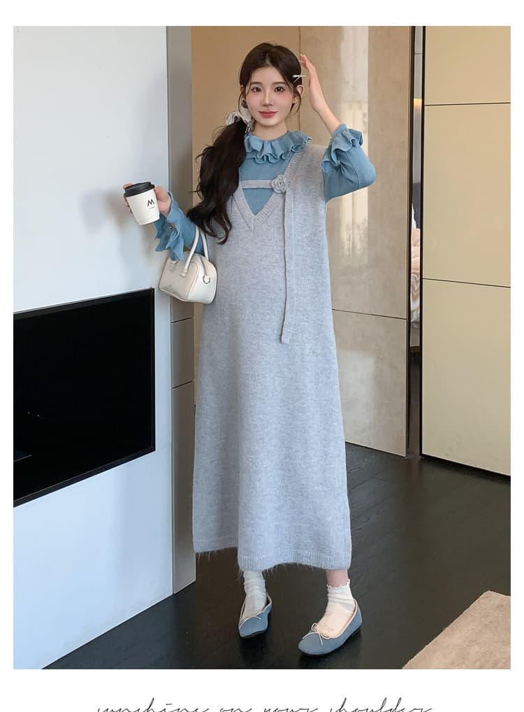 실사 2026 가을 겨울 새로운 임산부 한국 스타일 스웨터 조끼 스커트 레이스 만나는 세트 상세 이미지 28