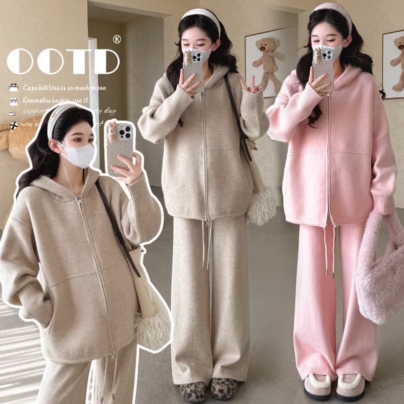 실사 임산부 가을 겨울 펌프 로프 지퍼 패션 스웨터 캐주얼 섹션 패션 와이드 레그 팬츠 루즈핏 세트