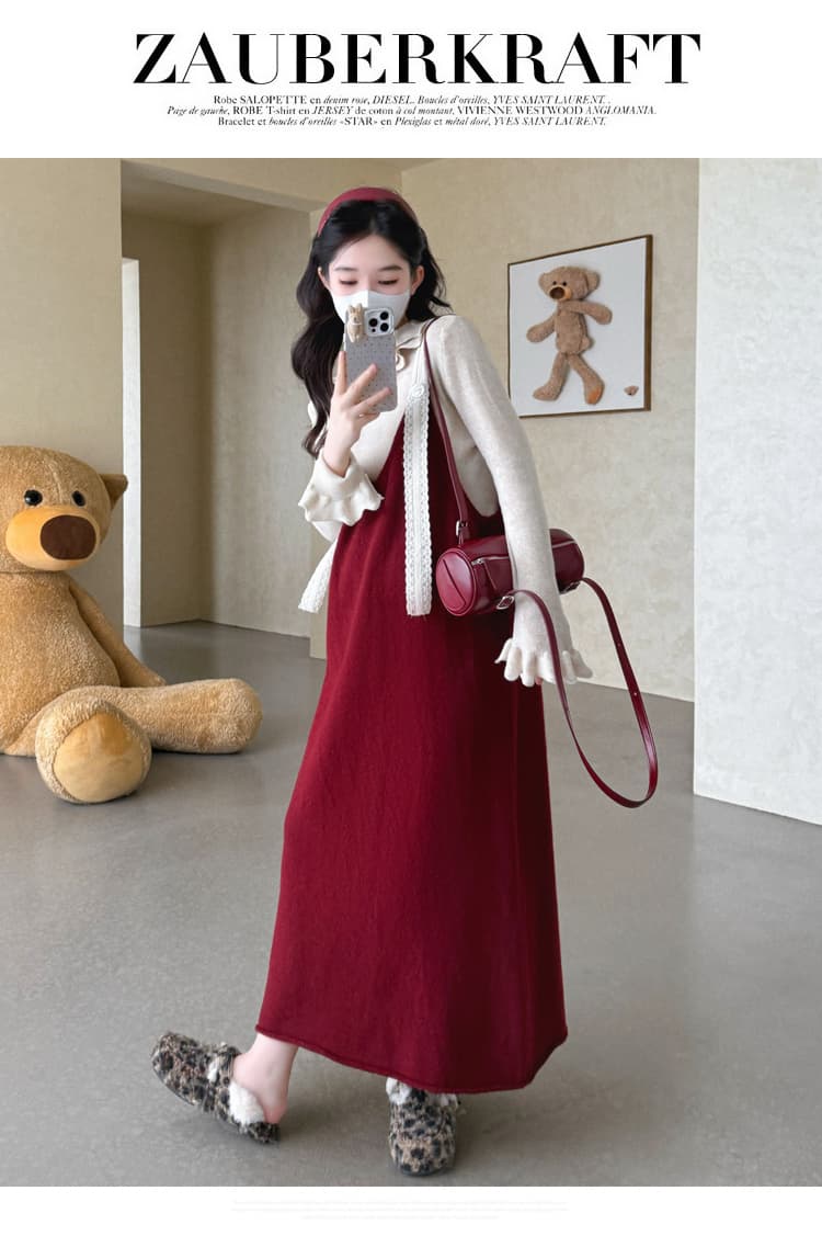 실사 2026 가을 겨울 새로운 임산부 한국 스타일 스웨터 레이스 슬립 조끼 스커트 레이스 만나는 세트 상세 이미지 28