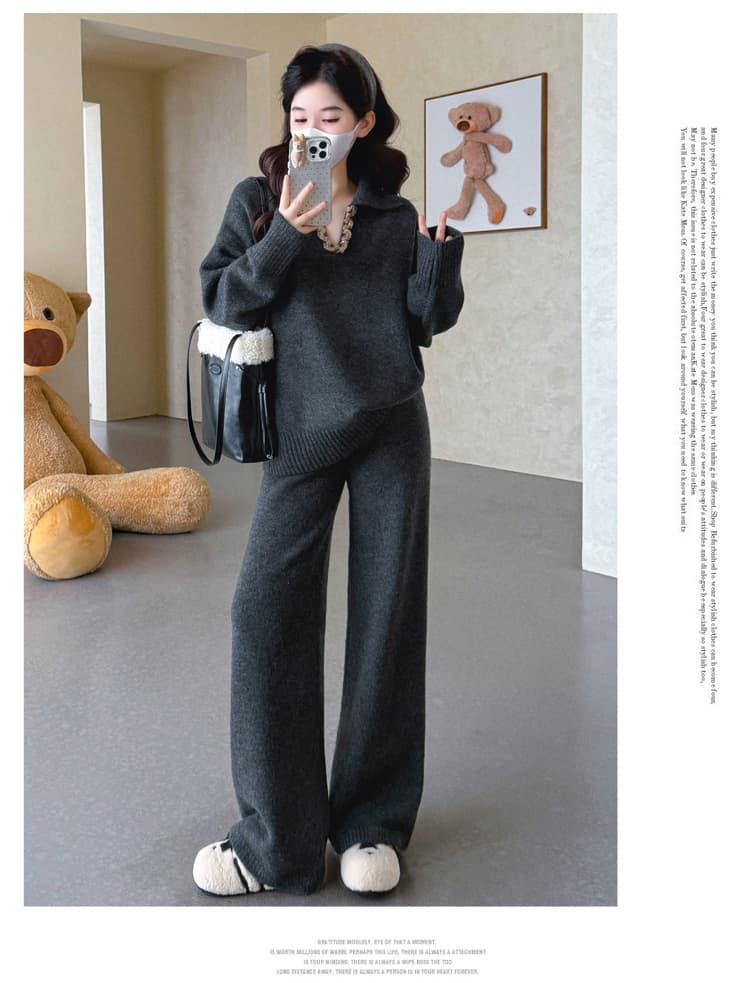 실사 가을 겨울 신제품 임산부 가을 겨울 두꺼운 폴로 칼라 V넥 짜임 풀오버 와이드 레그 팬츠 캐주얼 세트 상세 이미지 12