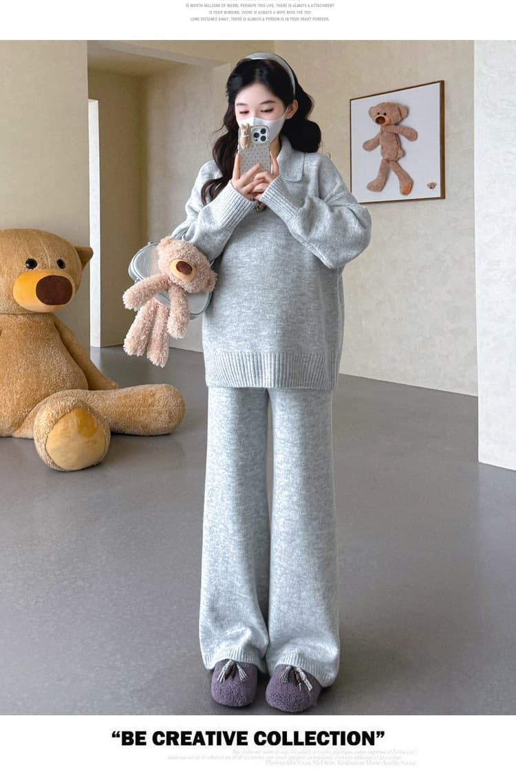 실사 가을 겨울 신제품 임산부 가을 겨울 두꺼운 폴로 칼라 V넥 짜임 풀오버 와이드 레그 팬츠 캐주얼 세트 상세 이미지 21
