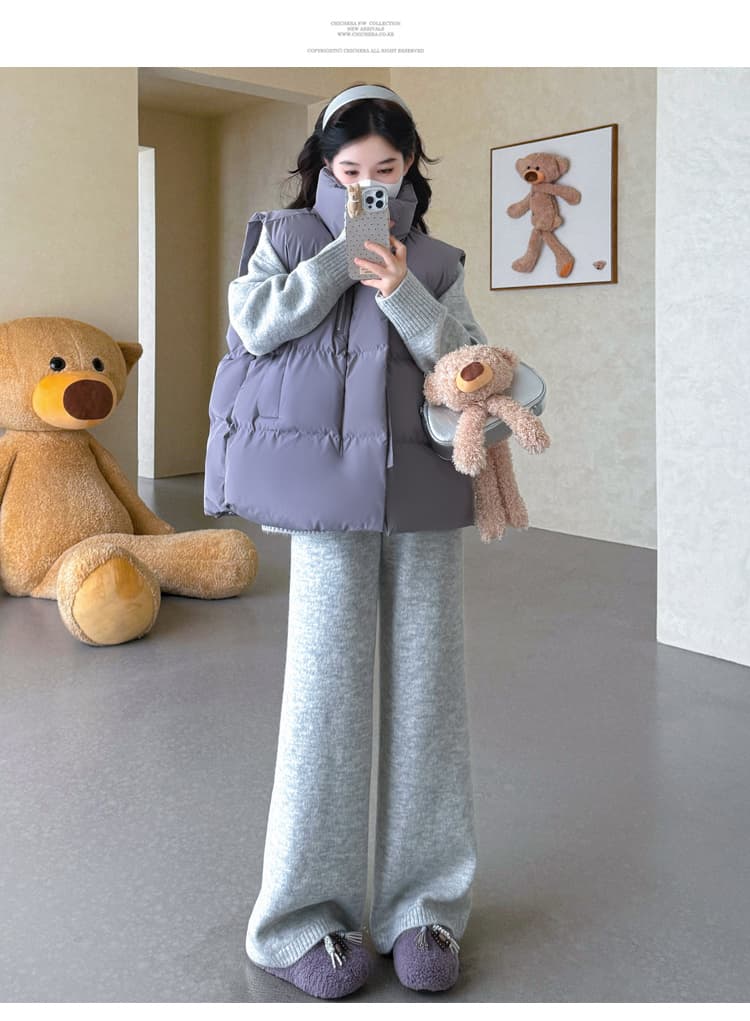 실사 가을 겨울 신제품 임산부 가을 겨울 두꺼운 폴로 칼라 V넥 짜임 풀오버 와이드 레그 팬츠 캐주얼 세트 상세 이미지 26
