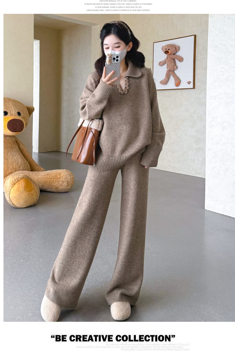 실사 가을 겨울 신제품 임산부 가을 겨울 두꺼운 폴로 칼라 V넥 짜임 풀오버 와이드 레그 팬츠 캐주얼 세트 상세 이미지 32