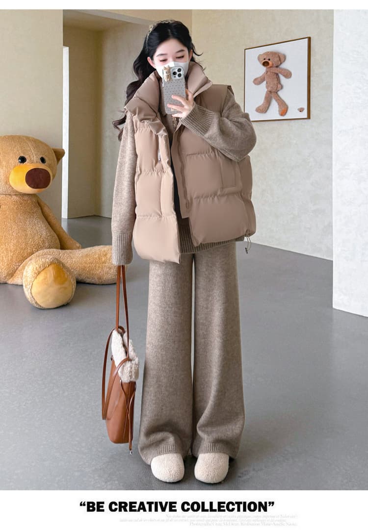 실사 가을 겨울 신제품 임산부 가을 겨울 두꺼운 폴로 칼라 V넥 짜임 풀오버 와이드 레그 팬츠 캐주얼 세트 상세 이미지 40