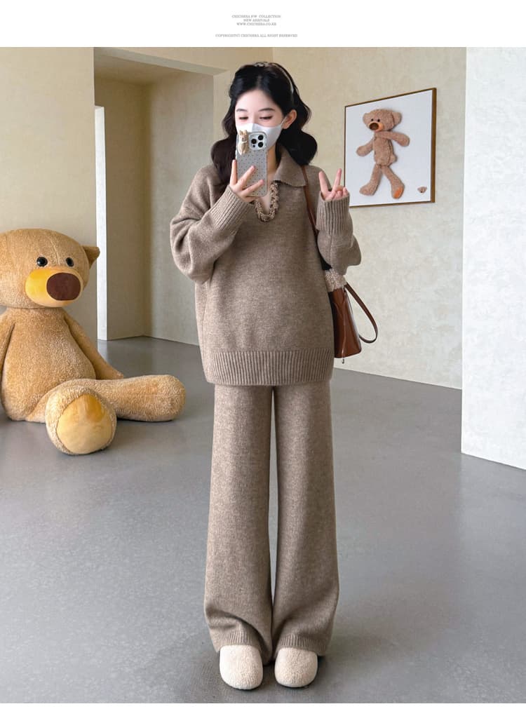 실사 가을 겨울 신제품 임산부 가을 겨울 두꺼운 폴로 칼라 V넥 짜임 풀오버 와이드 레그 팬츠 캐주얼 세트 상세 이미지 41