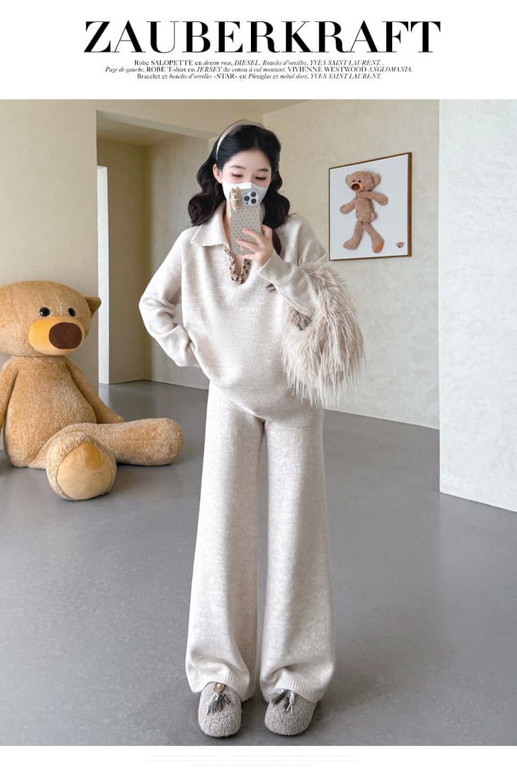 실사 가을 겨울 신제품 임산부 가을 겨울 두꺼운 폴로 칼라 V넥 짜임 풀오버 와이드 레그 팬츠 캐주얼 세트 상세 이미지 42