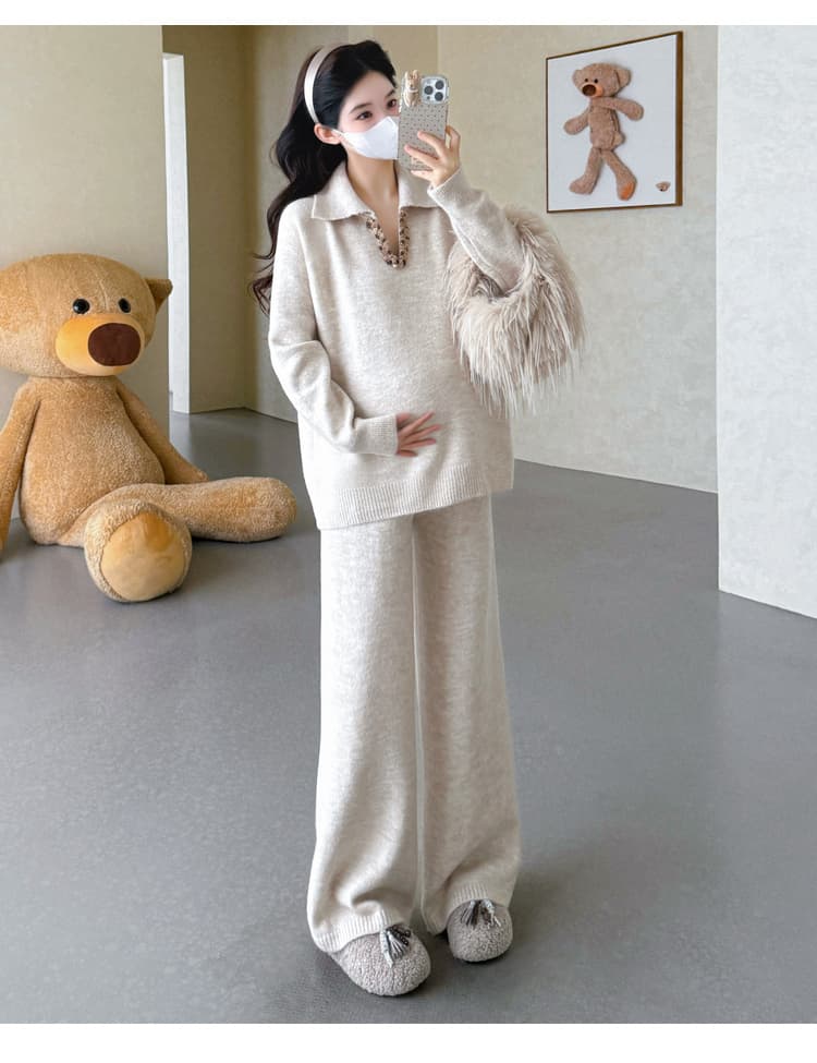 실사 가을 겨울 신제품 임산부 가을 겨울 두꺼운 폴로 칼라 V넥 짜임 풀오버 와이드 레그 팬츠 캐주얼 세트 상세 이미지 47