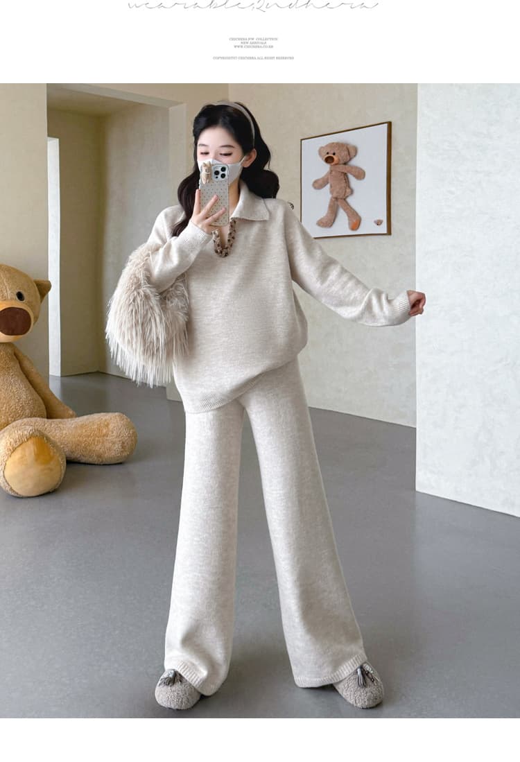 실사 가을 겨울 신제품 임산부 가을 겨울 두꺼운 폴로 칼라 V넥 짜임 풀오버 와이드 레그 팬츠 캐주얼 세트 상세 이미지 50