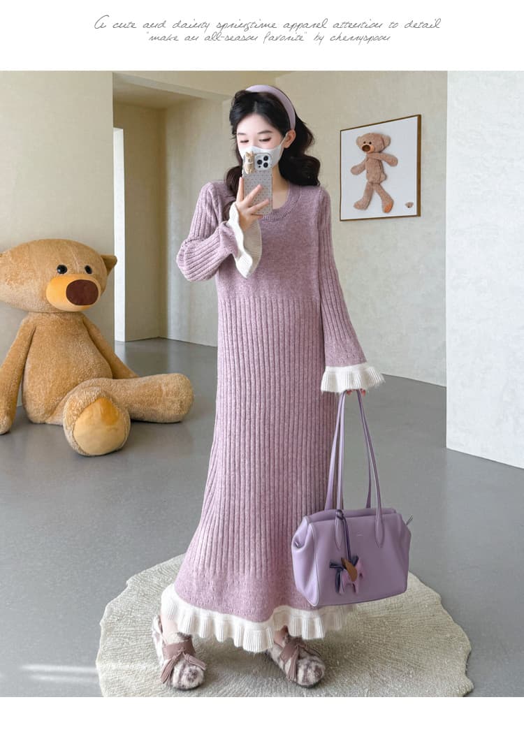 실사 가을 겨울 새로운 스웨터 니트 임산부 드레스 레이스 구덩이 기사 배색 루즈핏 기본 스커트 상세 이미지 25