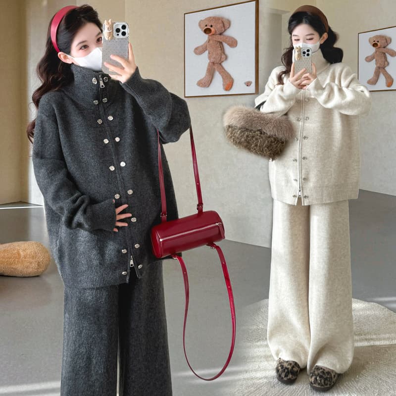 실사 임산부 가을 겨울 신제품 지퍼 스탠드 칼라 이중 버튼 스웨터 캐주얼 와이드 레그 팬츠 와이드 부드러운 찹쌀 프로 피부 세트 이미지 5