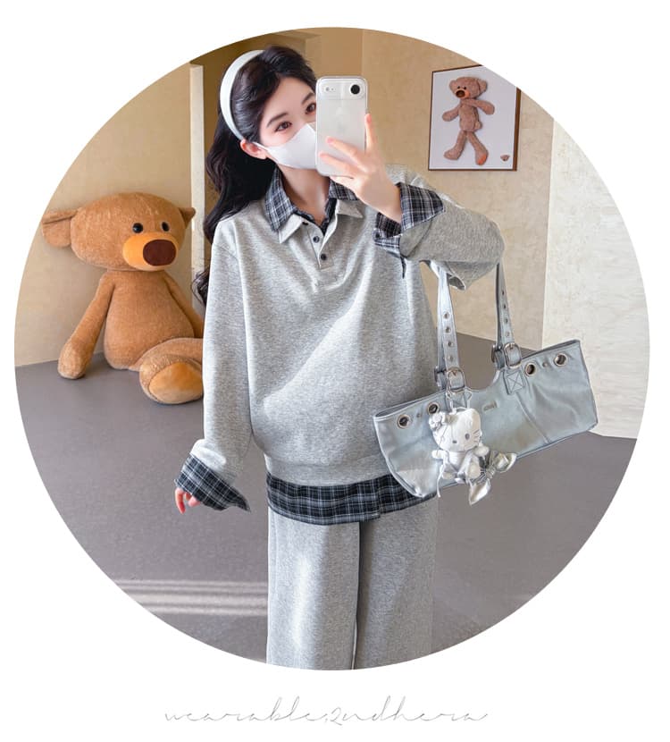 2026 가을 겨울 신제품 임산부 캐주얼 루즈핏 패션 연령 감소 패치워크 레트로 셔츠 POLO 셔츠 후드티 세트 상세 이미지 13