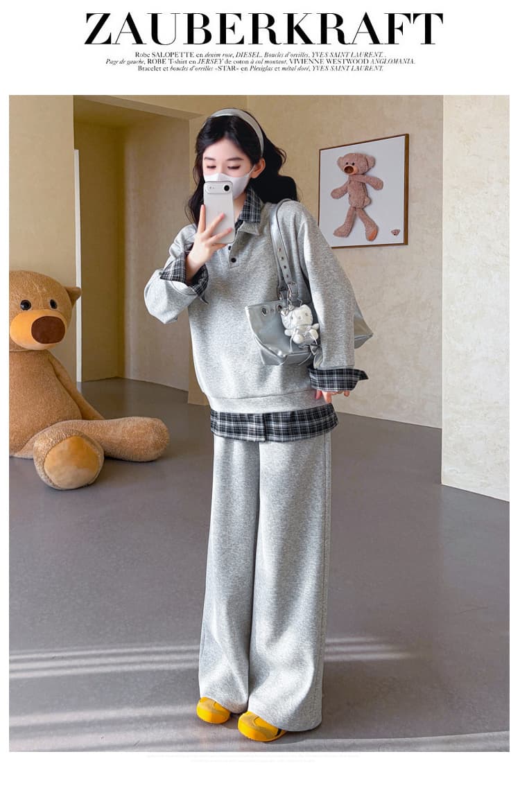 2026 가을 겨울 신제품 임산부 캐주얼 루즈핏 패션 연령 감소 패치워크 레트로 셔츠 POLO 셔츠 후드티 세트 상세 이미지 15