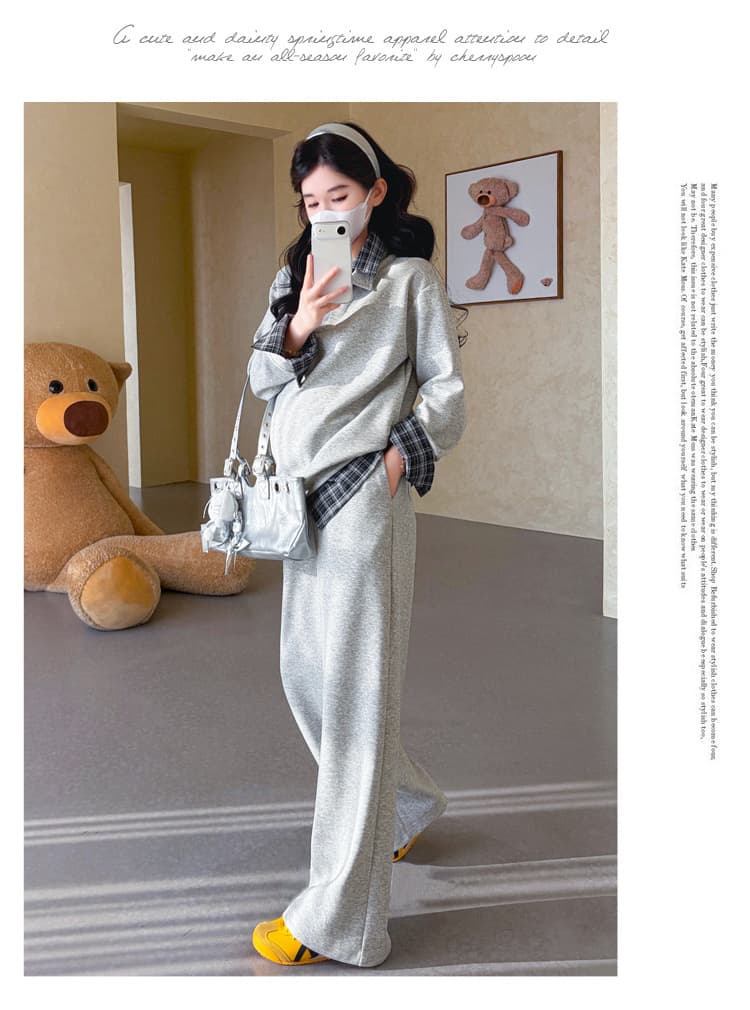 2026 가을 겨울 신제품 임산부 캐주얼 루즈핏 패션 연령 감소 패치워크 레트로 셔츠 POLO 셔츠 후드티 세트 상세 이미지 19