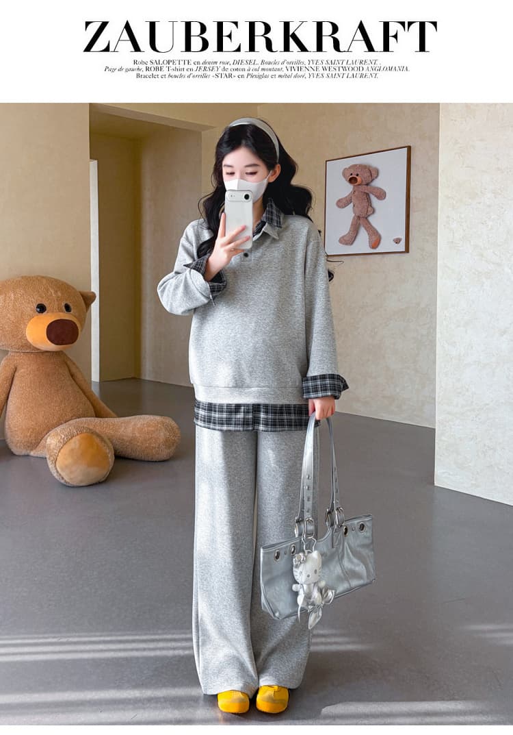 2026 가을 겨울 신제품 임산부 캐주얼 루즈핏 패션 연령 감소 패치워크 레트로 셔츠 POLO 셔츠 후드티 세트 상세 이미지 22