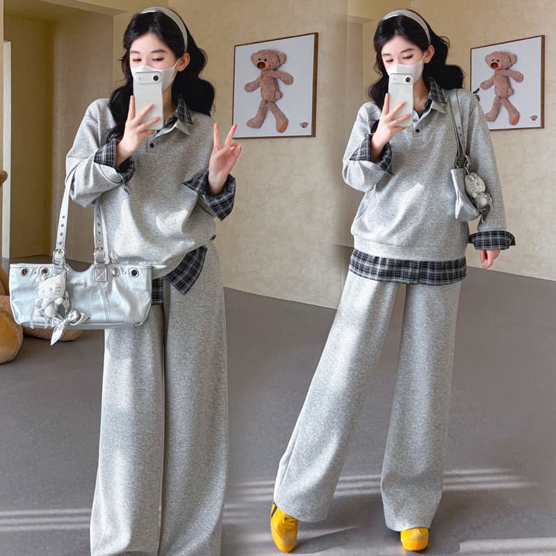 2026 가을 겨울 신제품 임산부 캐주얼 루즈핏 패션 연령 감소 패치워크 레트로 셔츠 POLO 셔츠 후드티 세트 이미지 2