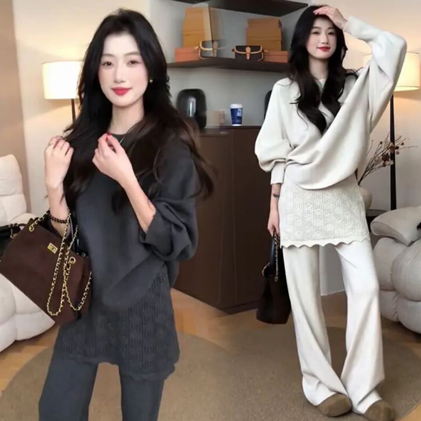 선물 물품 2026 가을 겨울 새로운 임산부 니트 박쥐 셔츠 패치워크 치마 커튼 한 부서 느슨함 느긋한 루즈핏 세트 이미지 3